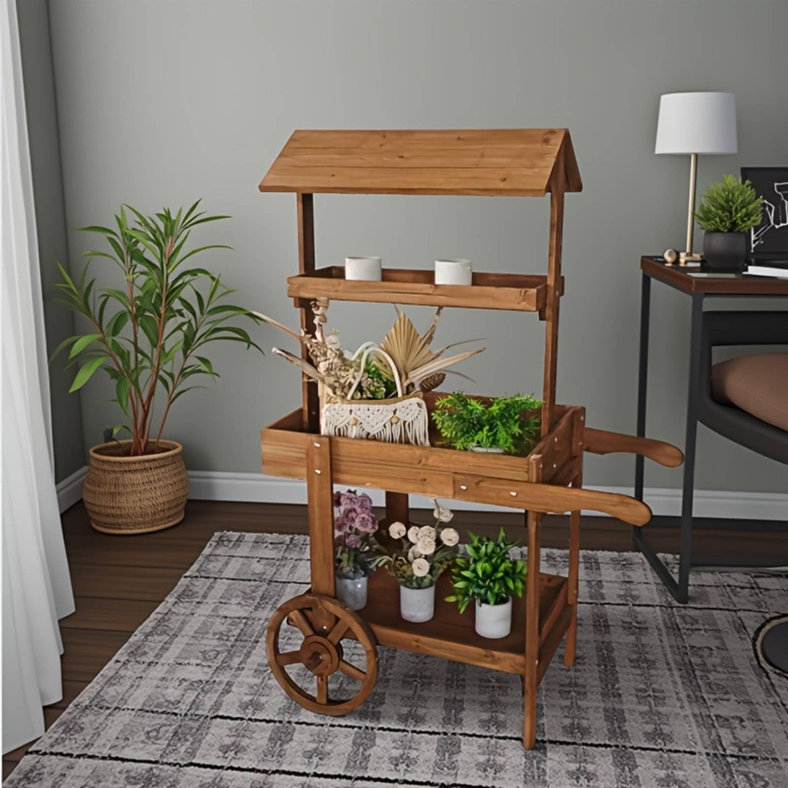 Carrello Floreale Rustico Multilivello Carretto Mercato con Ruote Robusto Banco Mercato in Legno per Fioristi, Vetrina, Negozio, 85 50 125CM, Bianco