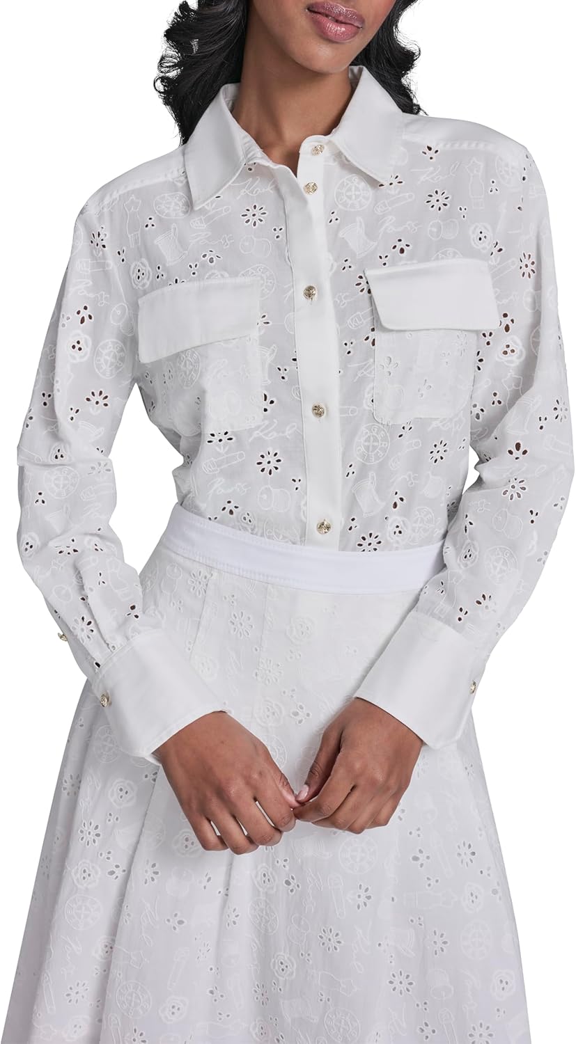 Karl Lagerfeld Women's Karl Motif Eyelet Button Down