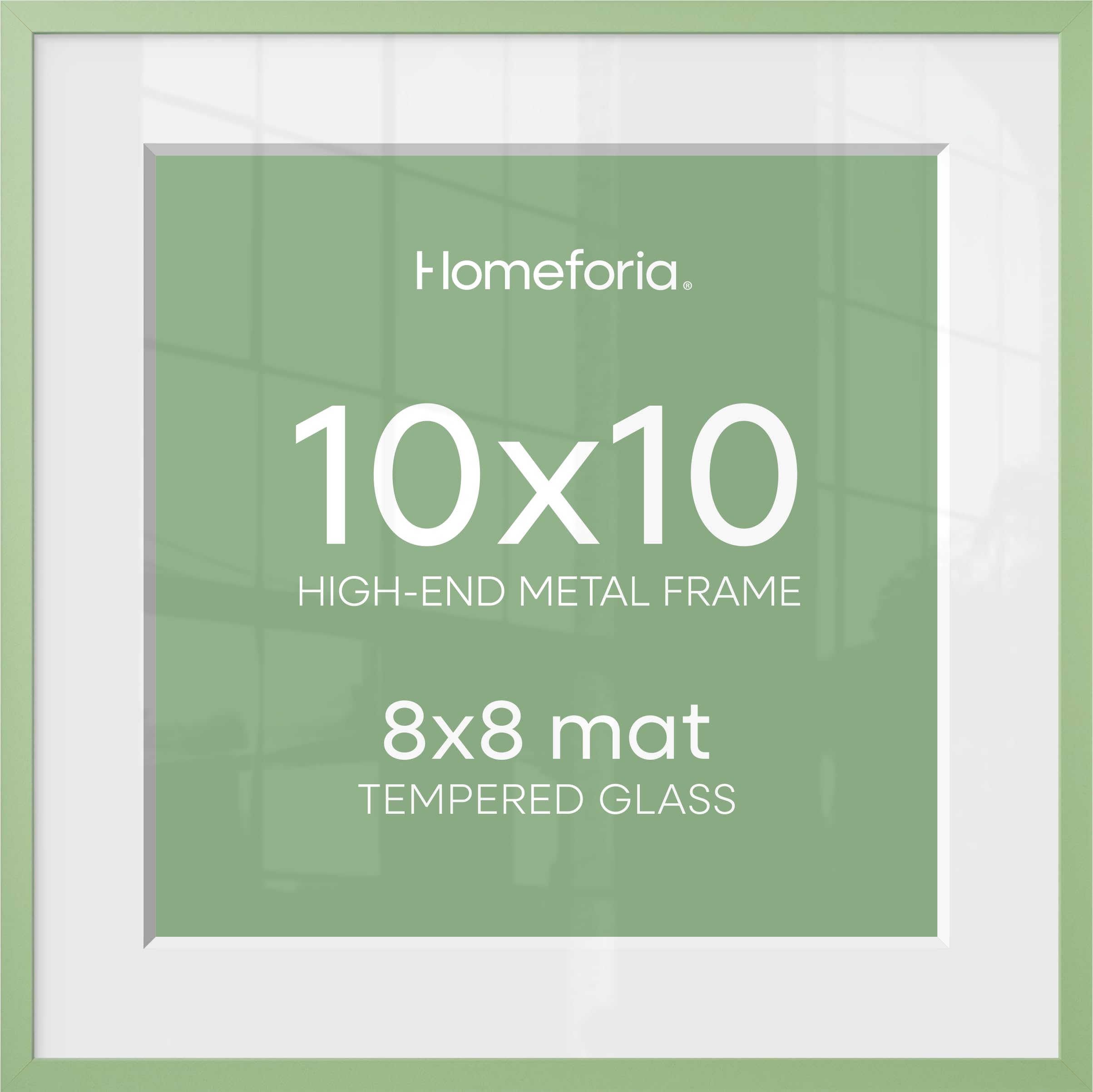 Homeforia 10x10 Green Picture Frame, High-End Metal, 8x8 Mat, Glass | High End Aluminum, Tempered Glass, Acid-Free 8x8 Removable Mat, 10x10 in Edge-to-Edge Display 10x10, Wall Kit, Set Of 1