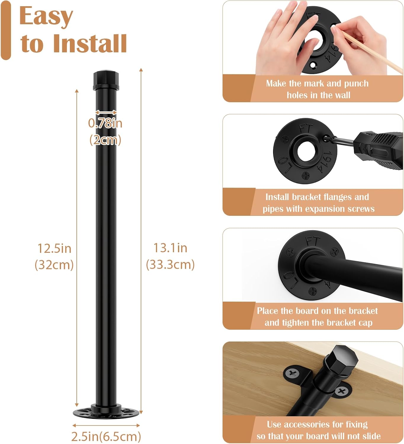 6 Pack Pipe Shelf Bracket 12 Inch Industrial Floating Shelf Bracket Wall Invisible Heavy Duty Shelving Bracket for Garment Rack DIY Use (No Board Included)