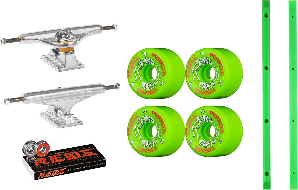 Kit Independent Skateboard Trucks Package Old School con ruedas Powell G-Bones 64mm verde, rodamientos Bones Reds y rieles verdes