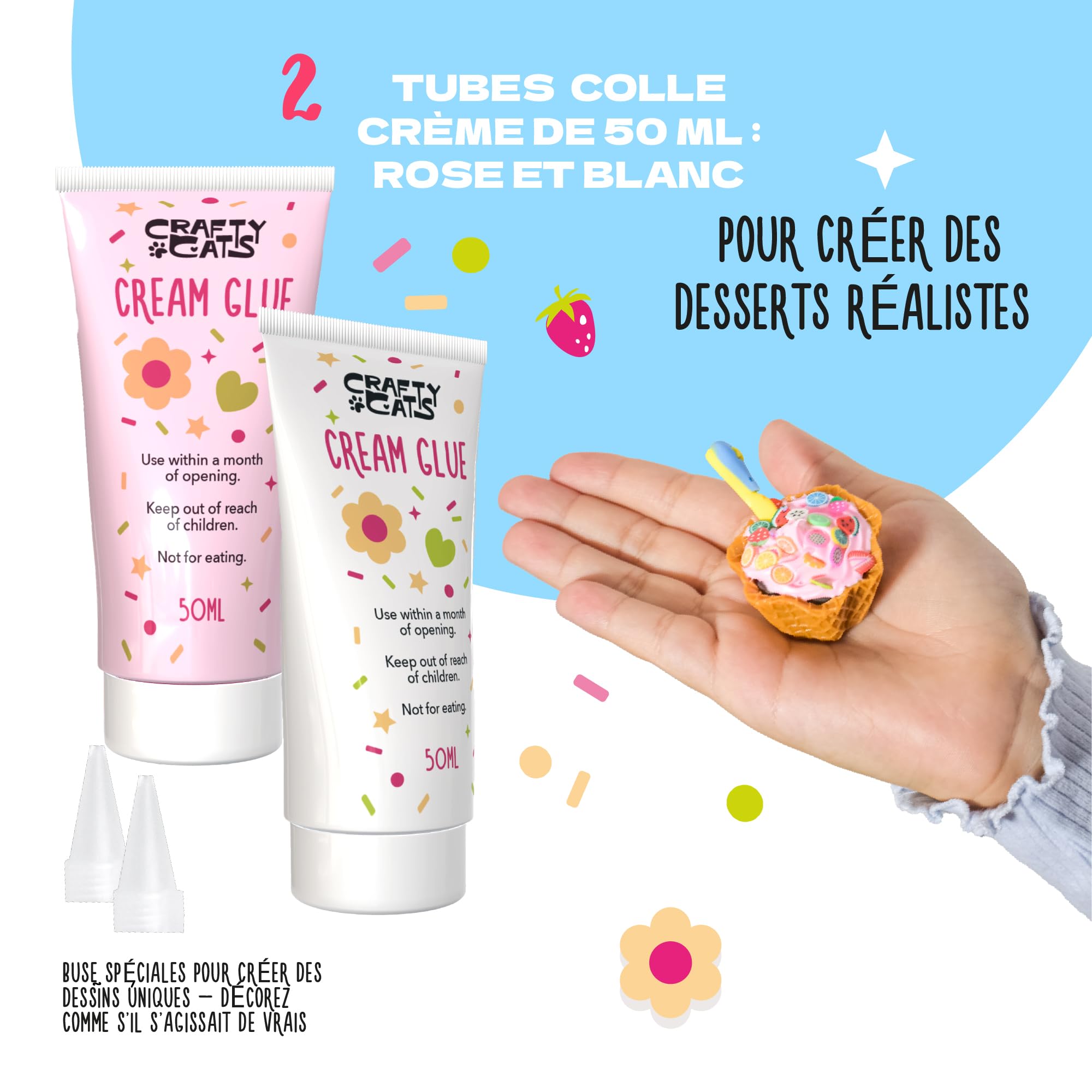 CRAFTY CATS Kit de loisirs créatifs Fête des Desserts – 115 pièces, argile à séchage à l’air, perles, colle crème avec embouts, set créatif DIY pour anniversaires et cadeaux, enfants 6+