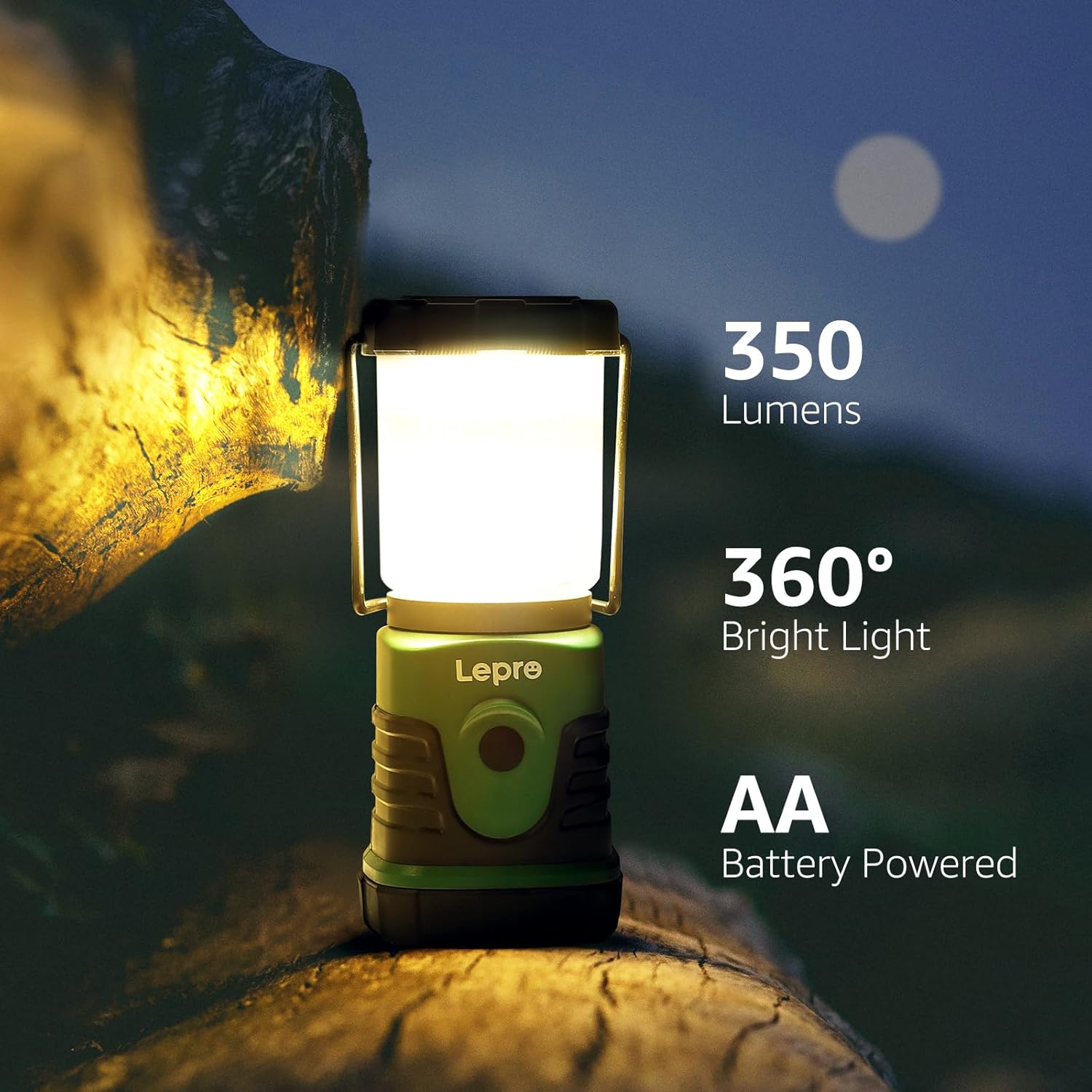 Lepro LED Camping Lantern illuminated, with text indicating 350 Lumens, 360 Bright Light, and AA Battery Powered.