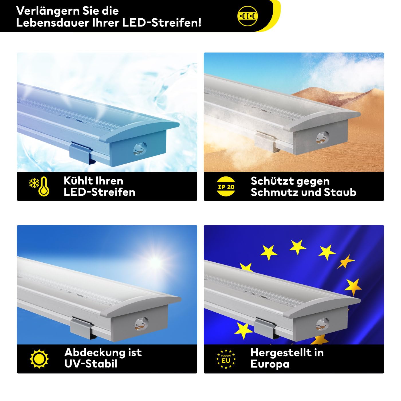 Anodowany profil aluminiowy LED, 150 cm, profil do zabudowy, przezroczysta osłona, do taśm LED 16 mm, kompatybilny z Philips Hue, 1,5 m, Ems