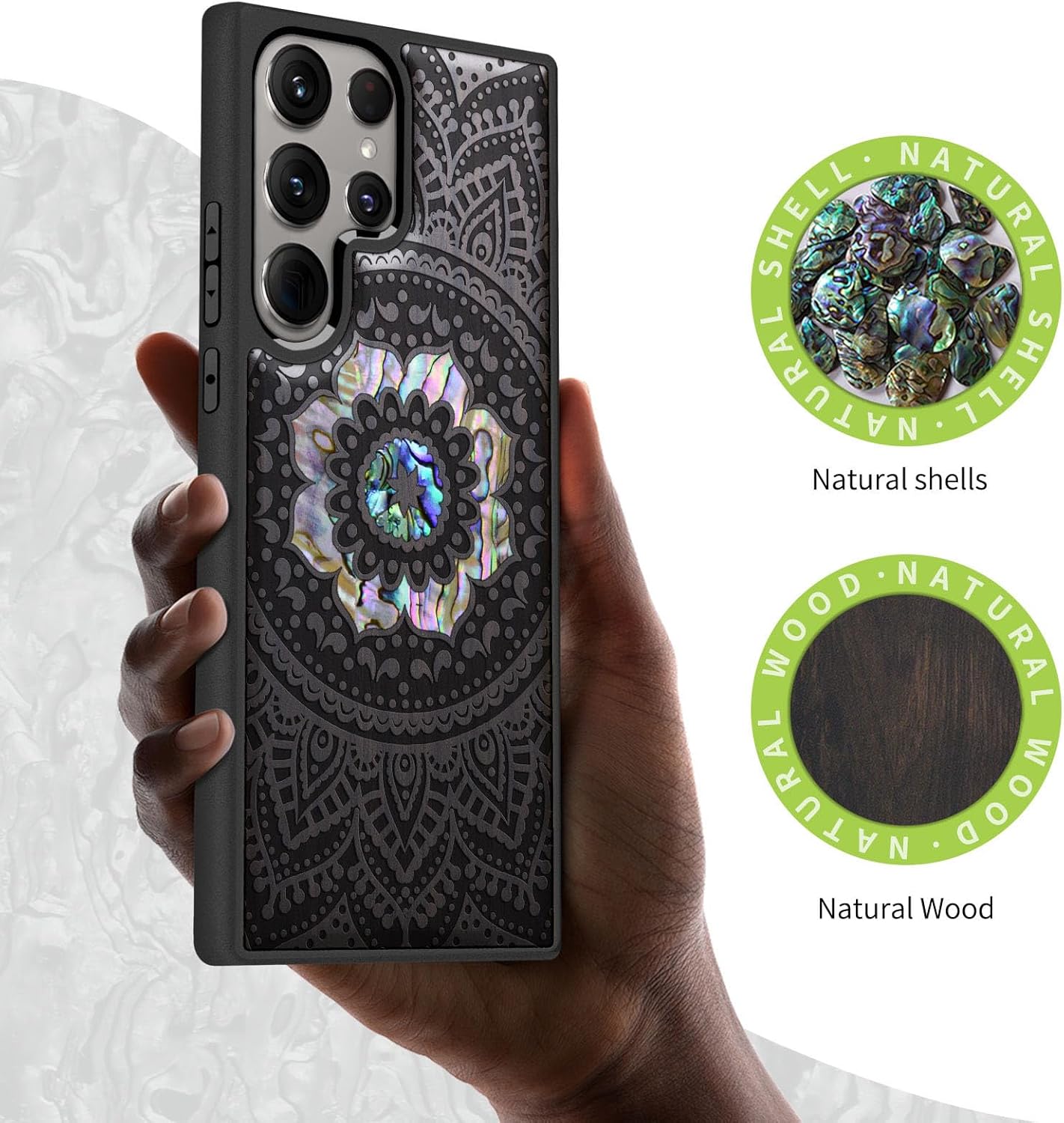Carveit Designer Wooden Case for Samsung Galaxy S24 Ultra Case [Wood Engraving & Shell Inlay] Compatible with Wireless Chargers S24 Ultra (Mandala Pattern-Blackwood)