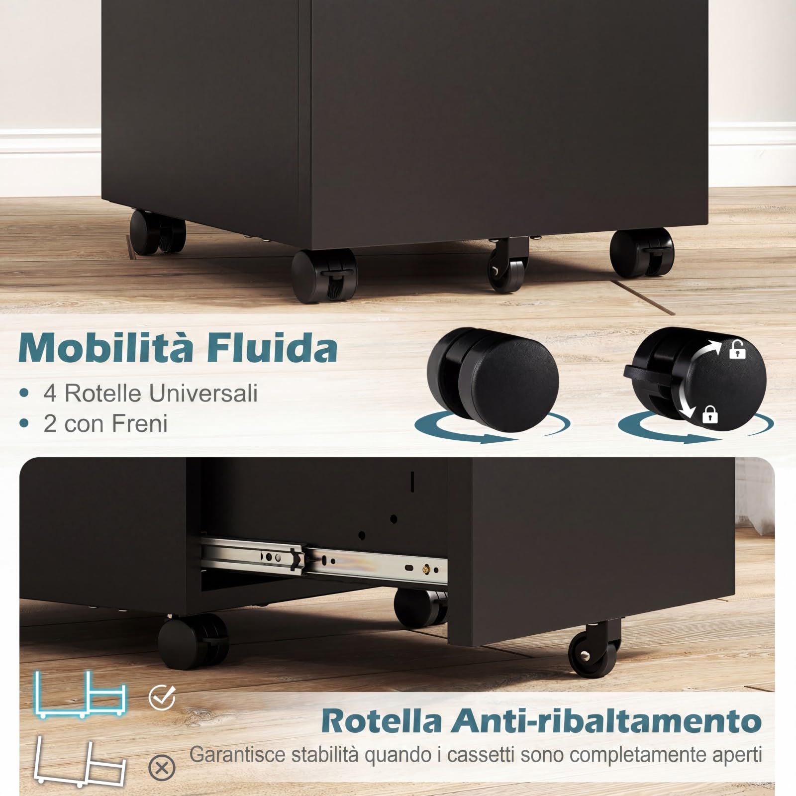 COSTWAY Cassettiera da Ufficio a 3 Cassetti, Mobiletto per Documenti con 5 Ruote e Serratura, Schedario da Ufficio in Acciaio per File Formato A4, Letter e Legal, 37 x 44 x 60,5 cm