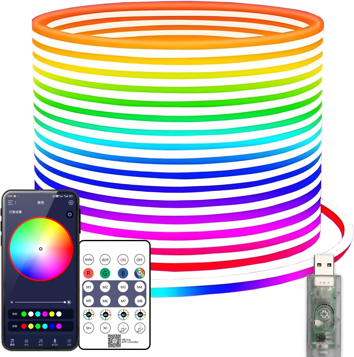 YMY 5V USB RGB Neon Strip Light, 2M IP67 Waterproof LED Neon Light, DIY Dynamic Rope Light Strip with APP/Remote Control for Indoor Outdoor Decoration