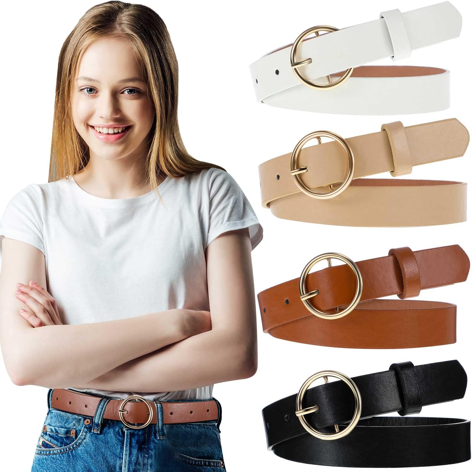 Janmercy 4 Pack Belts for Girls Kids Leather Skinny Belt Color Strappy waistband with Double O Ring Buckle, 4 Colors