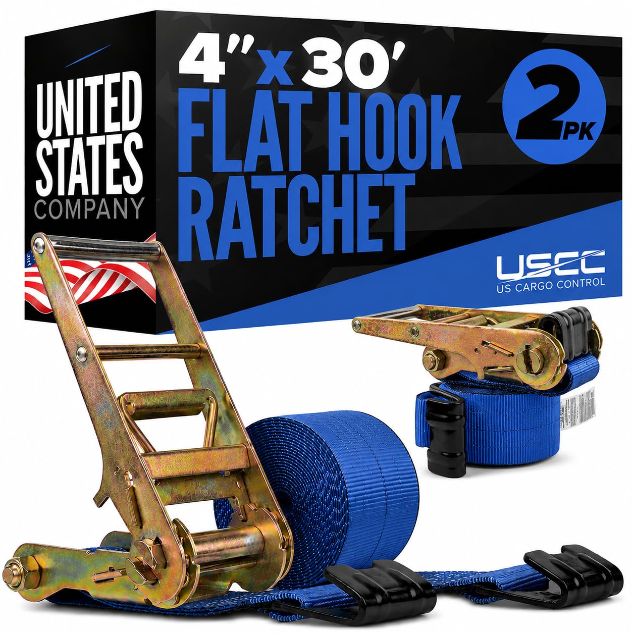US Cargo Control Flat Hook Ratchet Straps 4” x 30’ (2-Pack), 5,400 LBS Working Load Limit, Blue 4 Inch Ratchet Straps with Black Flat Hooks, Professional 4 Inch Straps for Flatbed Trailers