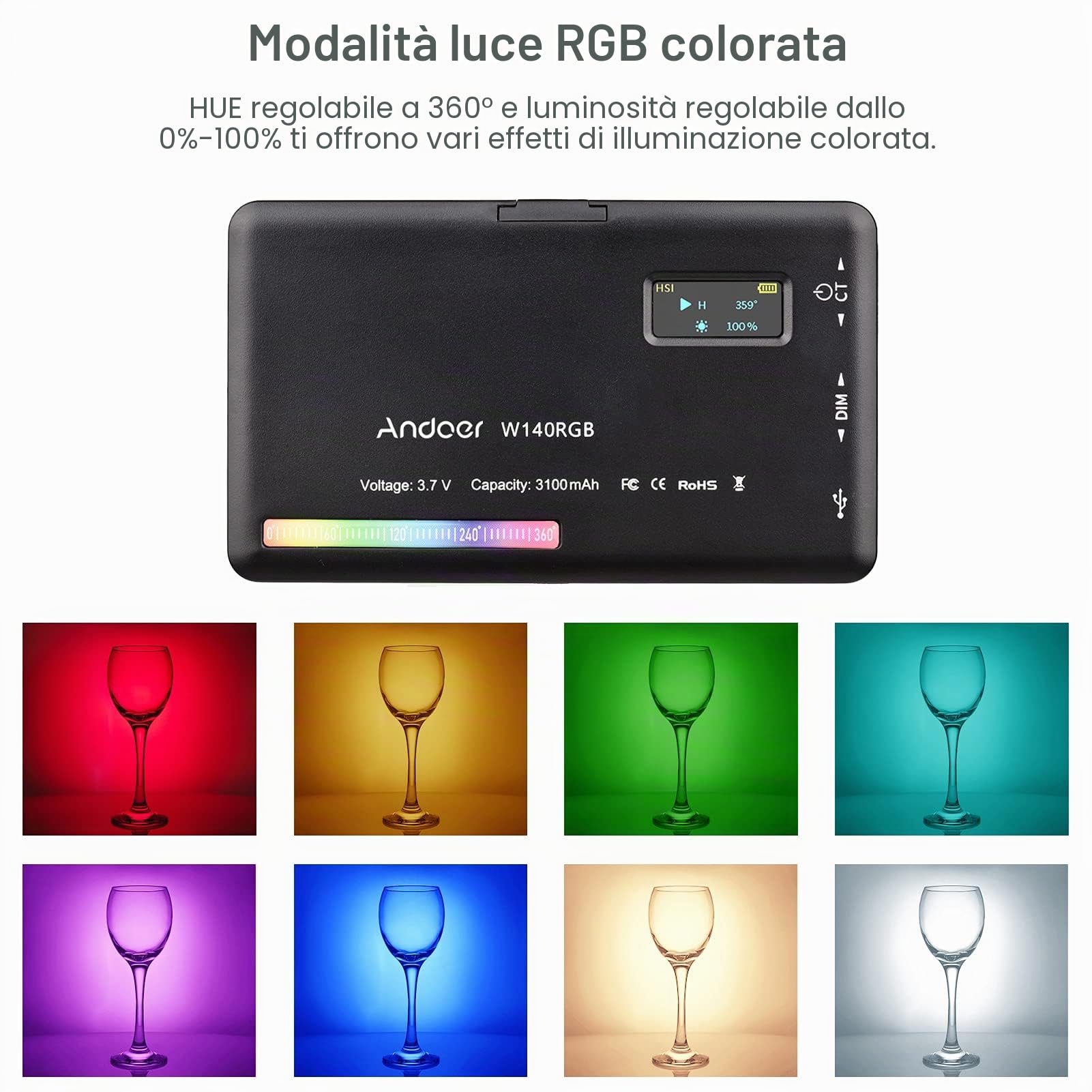 Andoer W140 RGB Video Light, Luce LED Portatile Full Color 2500K-9000K dimmerabile, Luce Fotografica Ricaricabile con treppiede da tavolo Supporto per telefono per computer Clip per scarpe fredde