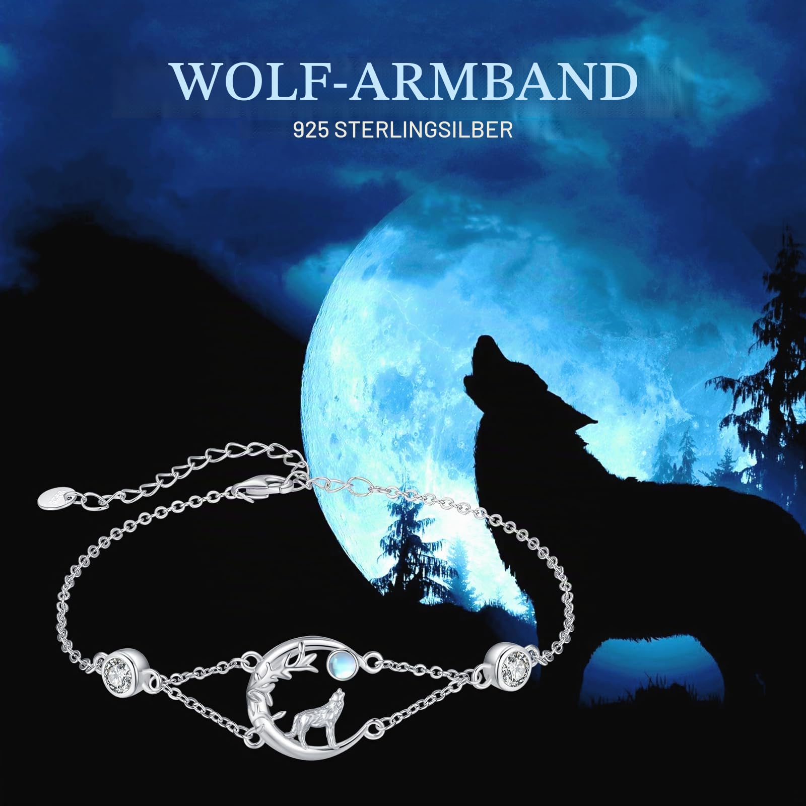 Wolf Armband Damen Sterling Silber Keltische Mondstein Armband Tier Verstellbar Armband Schmuck Geschenk für Mädchen