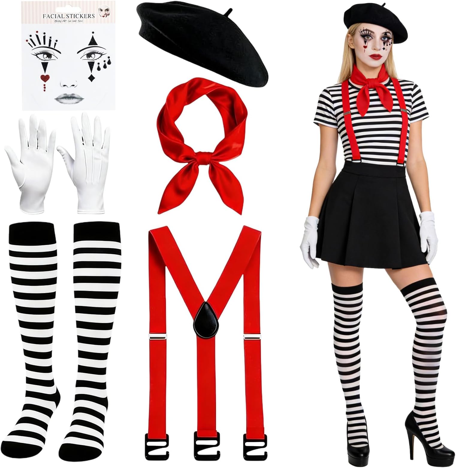 dellyy Women's Circus Costume, 6-Piece Clown Costume Set with Beret, Scarf, Gloves, Tattoo, Socks and Braces for Halloween, Carnival, Fancy Dress
