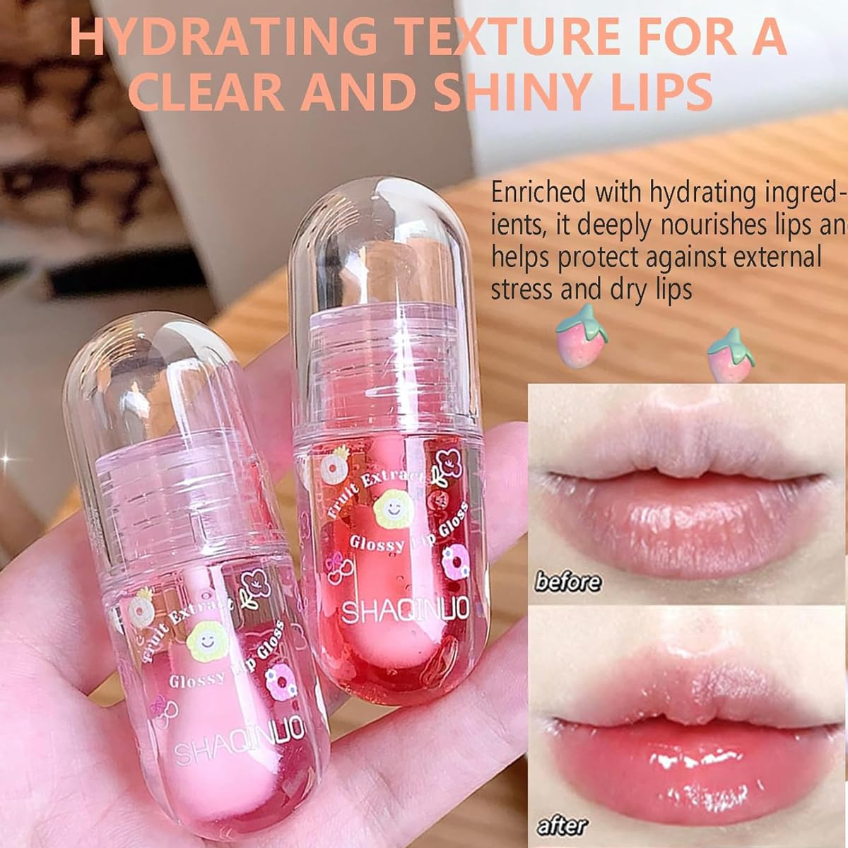 Juego de 4 aceites de brillo labial con sabor a fruta, aceite de labios para cabeza de cepillo grande, bonito brillo labial hidratante y nutritivo, aceite de brillo labial con acabado brillante 7