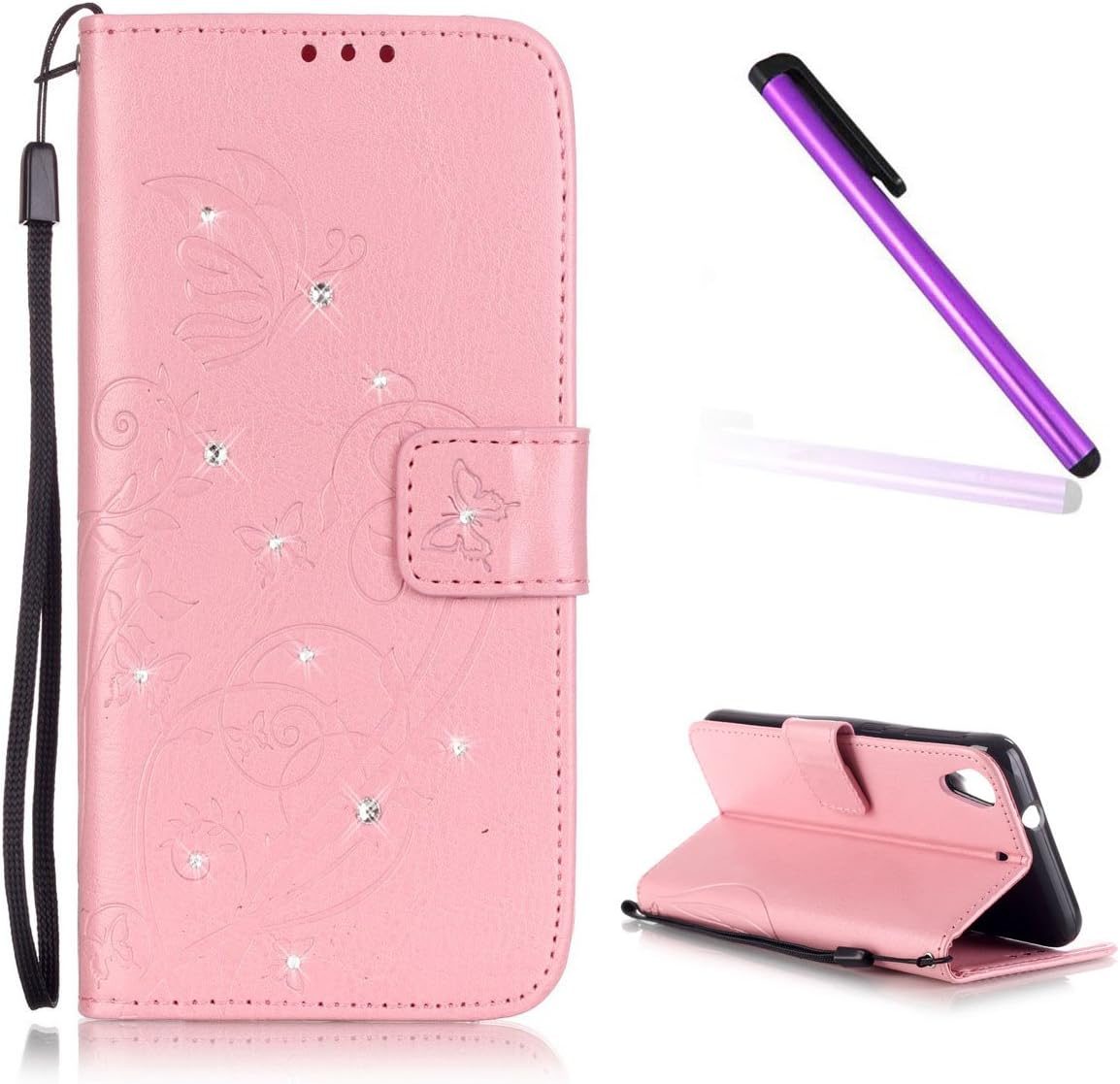 EMAXELERS HTC 626 Case Bling Diamond Crystal Shiny Pure Butterfly Design PU Leather Flip Stand Credit Card Slot for HTC Desier H626,Pink Butterfly with Diamond