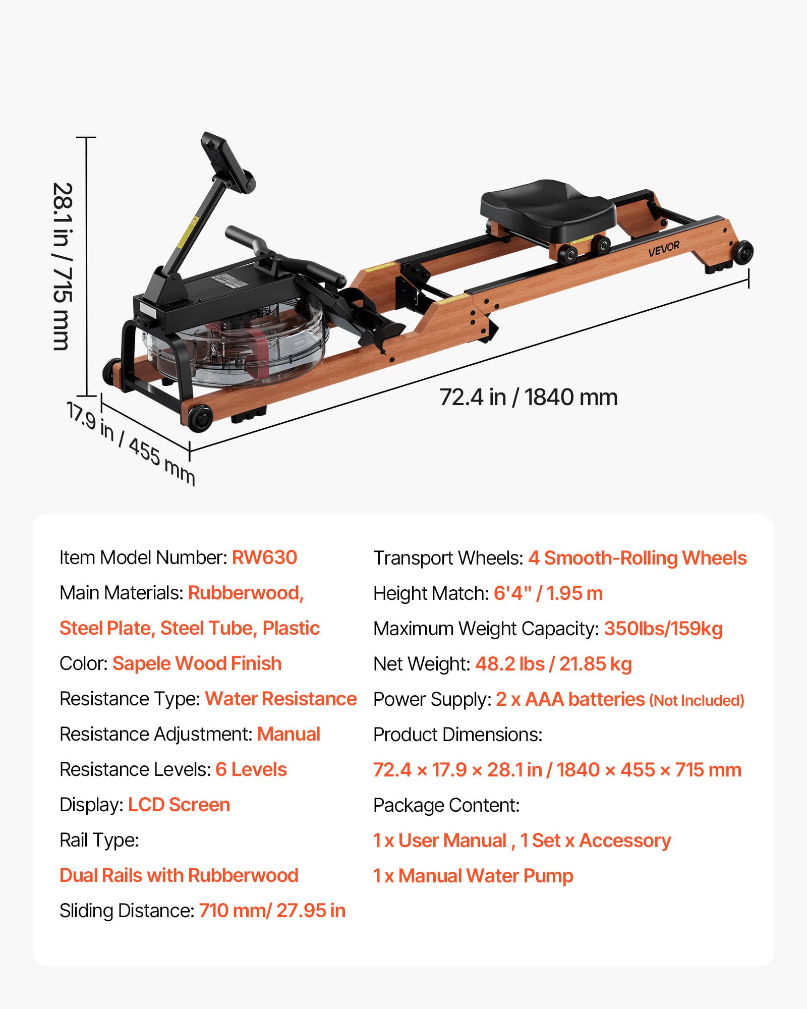 VEVOR Máquina de Remo, con 6 Niveles de Resistencia Silenciosa, Plegable, de Madera, con Tanque de Agua de 14 L y Pantalla LCD, Compatible con Aplicación Bluetooth, Capacidad de Peso de 158 kg