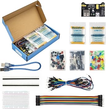 REXQualis Electronics Basic Kit w/Power Supply Module, Breadboard, Jumper Wire, LED,Resistor, with more than 300pcs sensors and components for fun and simple electronic projects.
