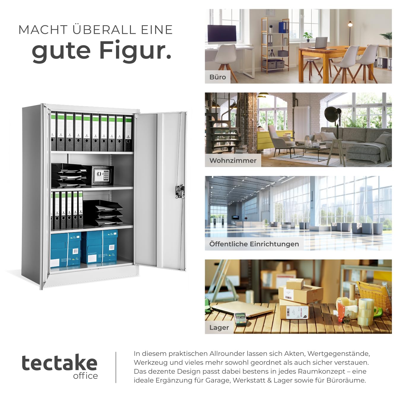 tectake® Aktenschrank abschließbar, Schrank Büro, Metallschrank zur Werkstatteinrichtung, Besenschrank, Vorratsschrank, Werkstattschrank, Spind Schrank mit 4 Fächern - grau, 140 x 90 x 40 cm