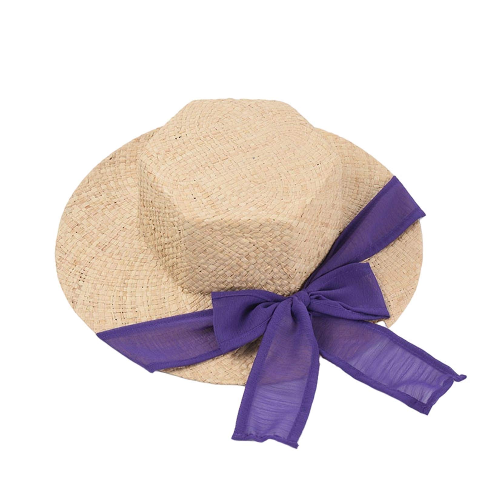 Niña Sombrero de Sol Raffia Sombrero de Paja Sombreros de Verano para Mujeres Novela Hexagonal Ancho Brim Bowknot Cinta de Gasa Sombrero de protección Solar Verano Sombrero