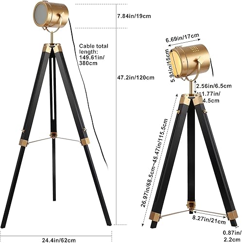 Miniatura 4 de Lámpara de pie de metal con trípode industrial, cabeza de rotación de latón, focos de pie altos de madera negra para dormitorio, altura ajustable