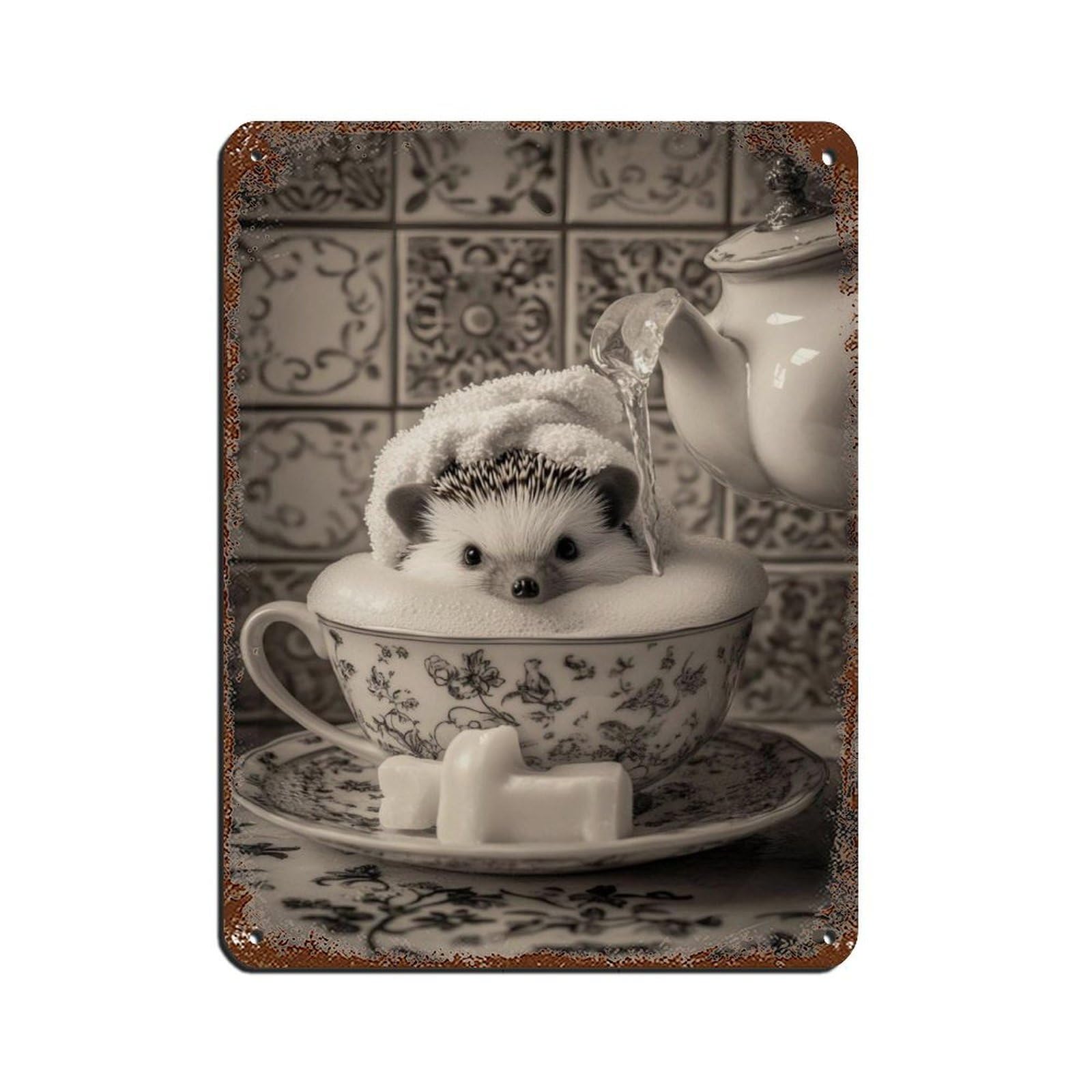 Adorable Hedgehog in Teacup Tin Sign Vintage Metal Pub Club Cafe Bar Home Wall Art Decoration Poster Retro 12x16inch(30x40cm)