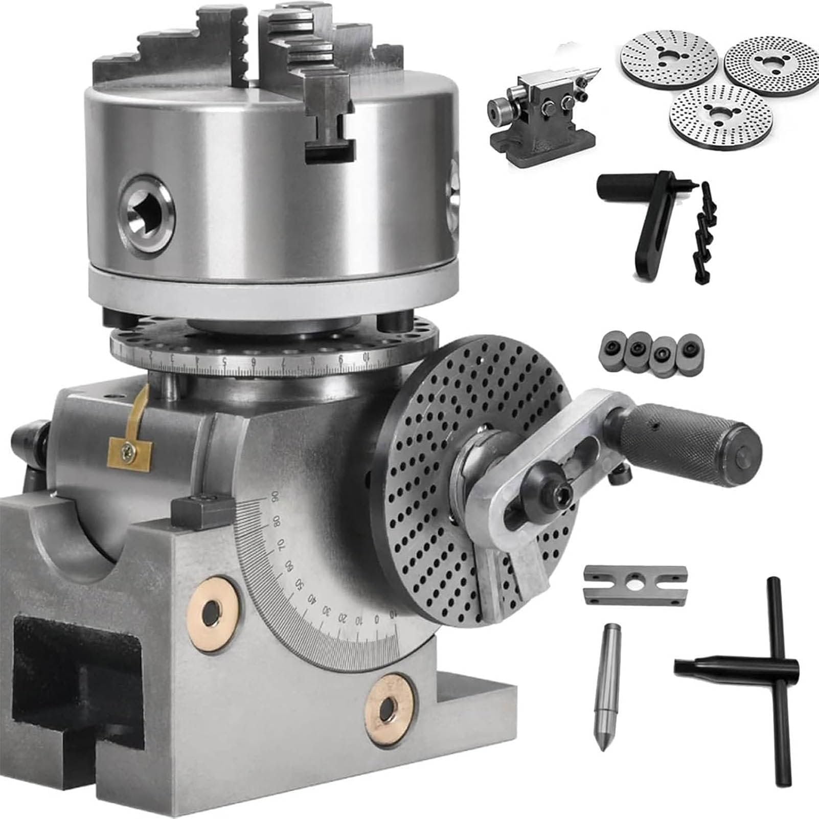 LJLYYDS Heavy Duty 3-Jaw Dividing Head Set for Milling Machine, Precision Semi Universal Indexing Head with 100/125/160mm Chuck + Tailstock, 1:40 Ratio, 0.04° Accuracy 4inch