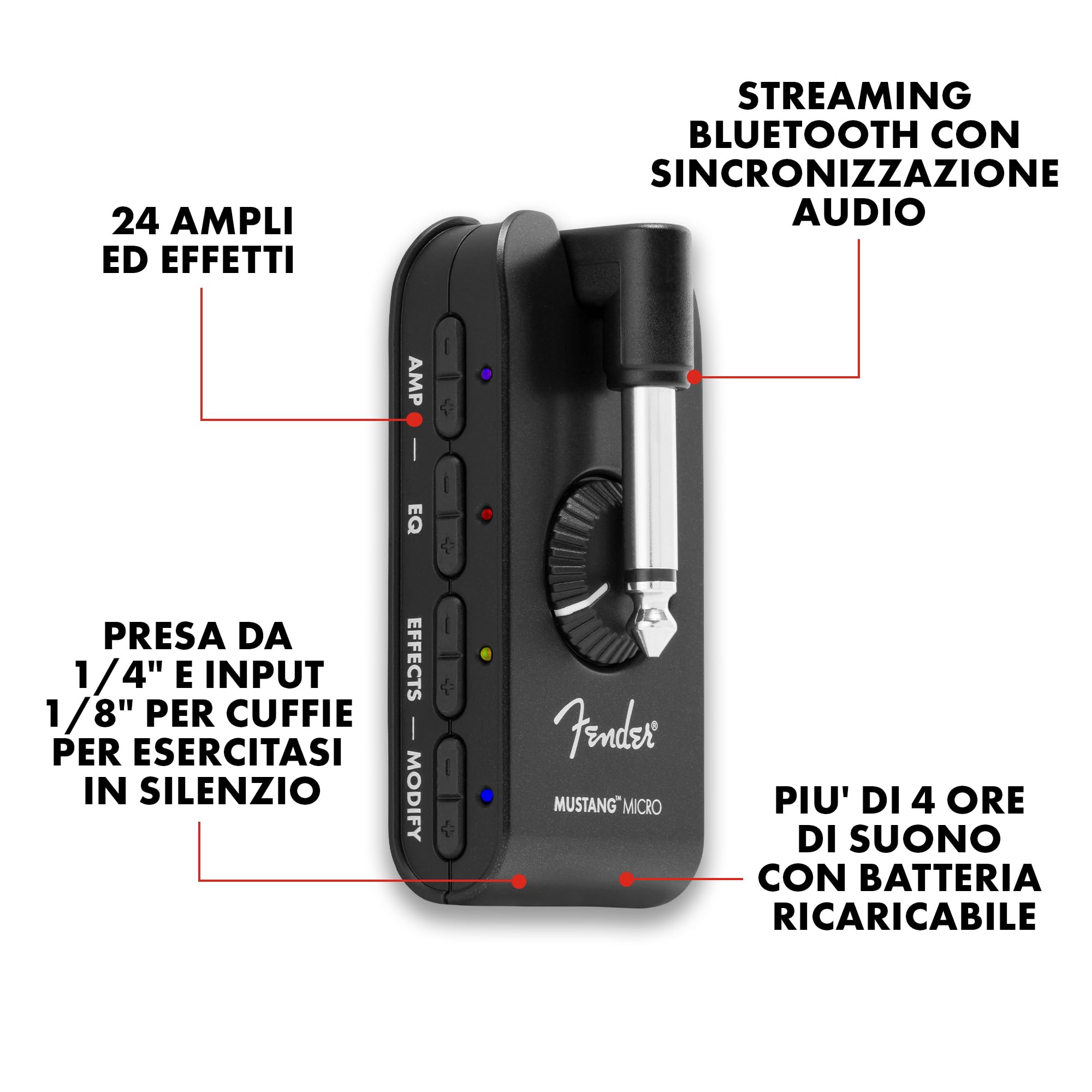Fender Mustang Micro Amplificatore per Chitarra, All-In-One per Cuffie con 12 Modelli, 12 Effetti, Bluetooth, EQ