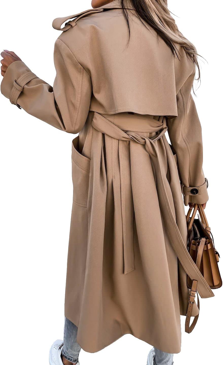 Fisoew Women's Double Breasted Long Trench Coat Windproof Classic Lapel Belted Overcoat with Pockets - Image 4