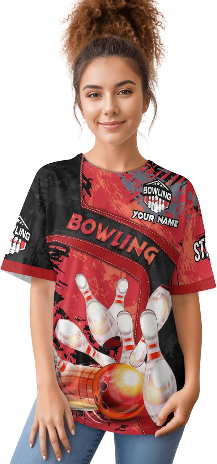 Unisex Bowling Tshirt Custom Red Strike Bowling Pin Tee Shirt for Bowling Team 3 D Bowling Clothing