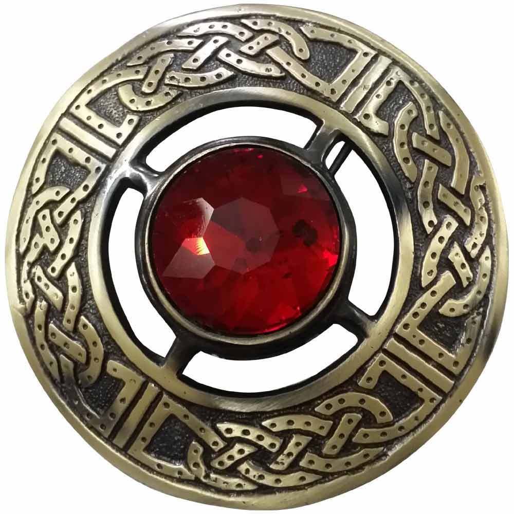 Men's Scottish Celtic Kilt Fly Plaid Brooch Antique Plated in Various Colour Stones (Red)
