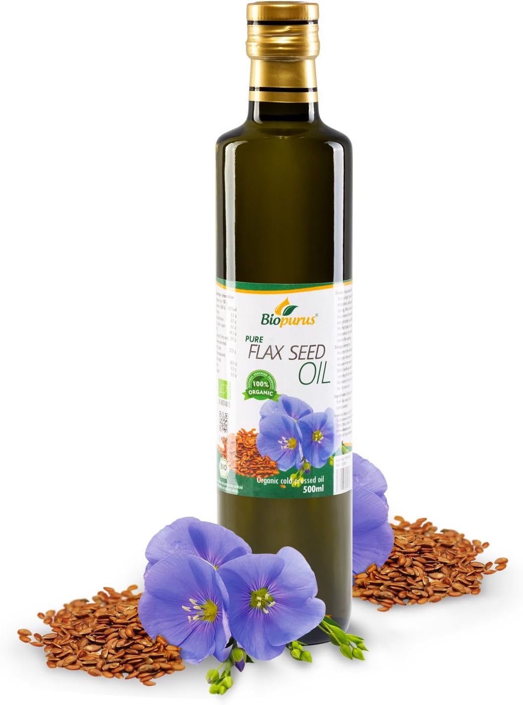 Biopurus Certified Organic Cold Pressed Flax Seed Oil 500ml – Pure Food Grade Linseed Oil Rich in Omega 3 – Vegan Cooking for Salads, Smoothies & Healthy Nutrition