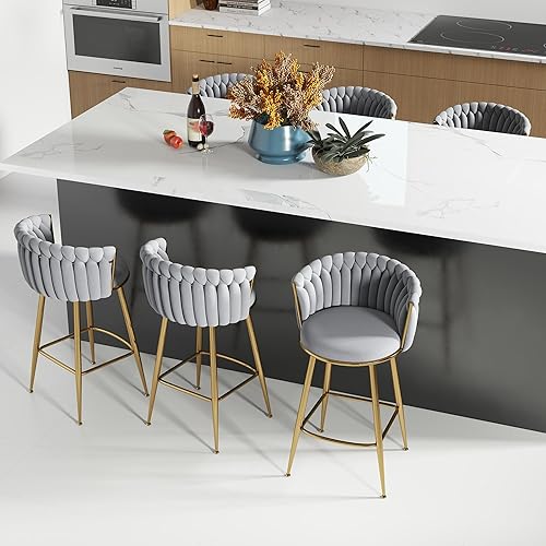 Miniatura 22 de Juego de 2 taburetes de bar dorados ABET, taburetes de bar de terciopelo giratorios, taburetes de altura ajustable con respaldo tejido, taburetes de