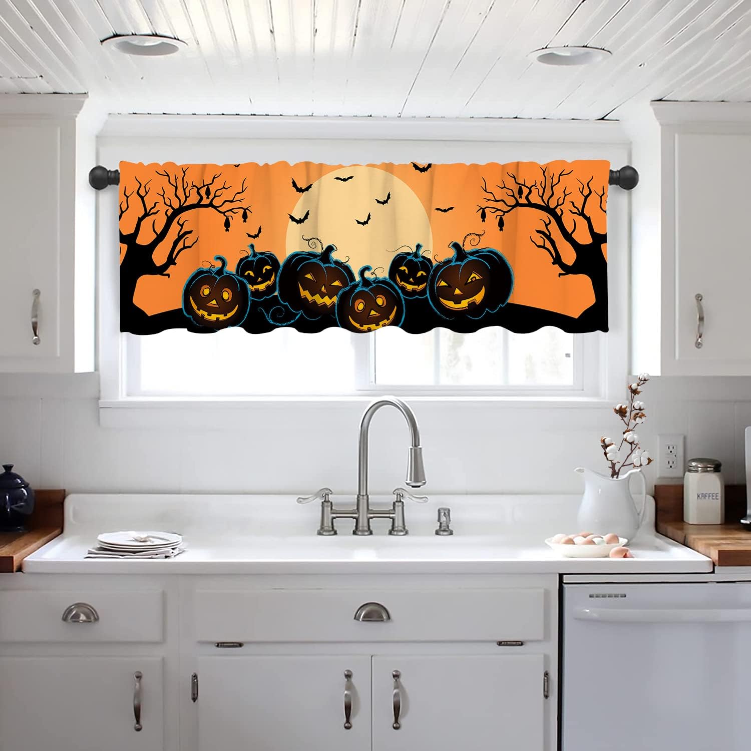 Halloween Fall Kitchen Decor Curtains, Pumpkins/Bats/Dryad Printed Short Tier Curtains for Kitchen Cafe Small Half Window Curtains for Bathroom, 54 X 18 Inch