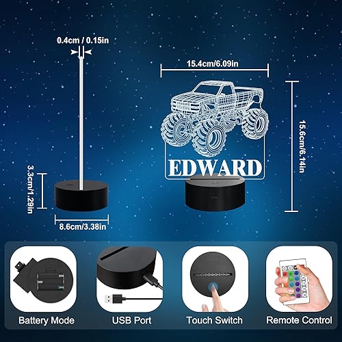 Miniatura 7 de Luz Nocturna Personalizada de Camión Monstruo, Luces Nocturnas 3D para Niños, Camiones Monstruo para Niños, Iluminación de 16 Colores LED