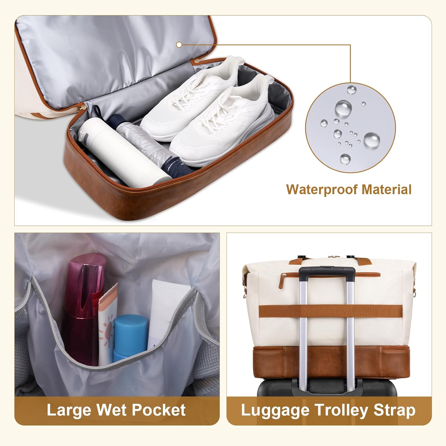 MOSISO Gym Bag for Women, Travel Duffle Weekender Overnight Workout Carry on Gym Duffle Bag with Toiletry Pouch&Shoe Compartment&Wet Pocket&Front Pocket for Fitness, Yoga, Weekend, Beige - Image 5