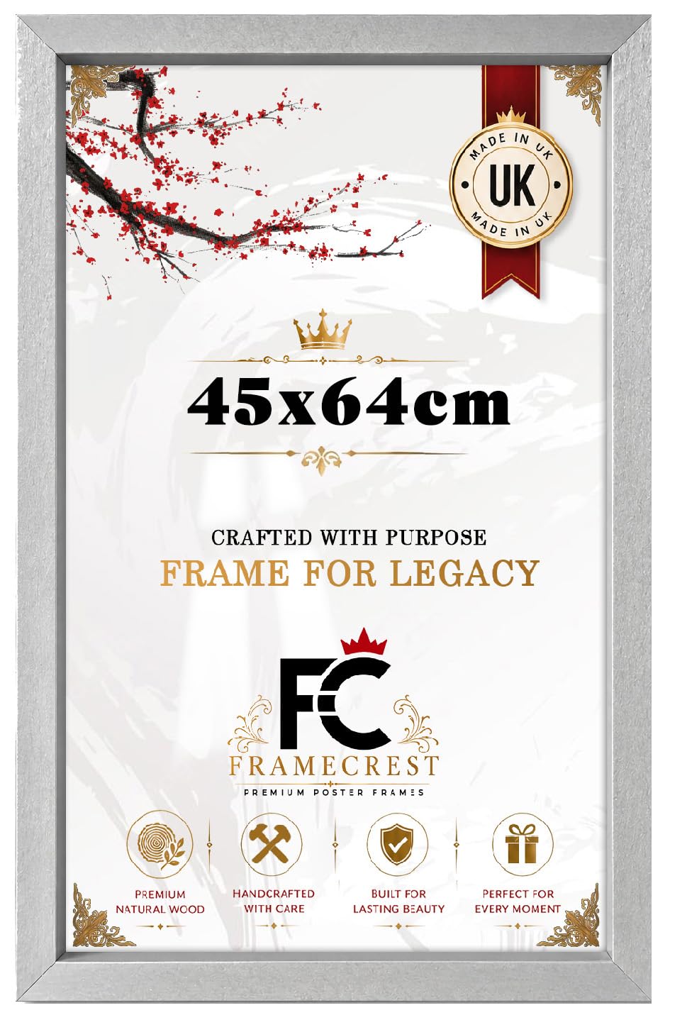 FRAMECREST Stylish 45x64cm Poster Frame | Landscape or Portrait Orientation | Engineered Wood Frame & Crystal-Clear Perspex | Photos Frame for Home Decoration-[Silver]
