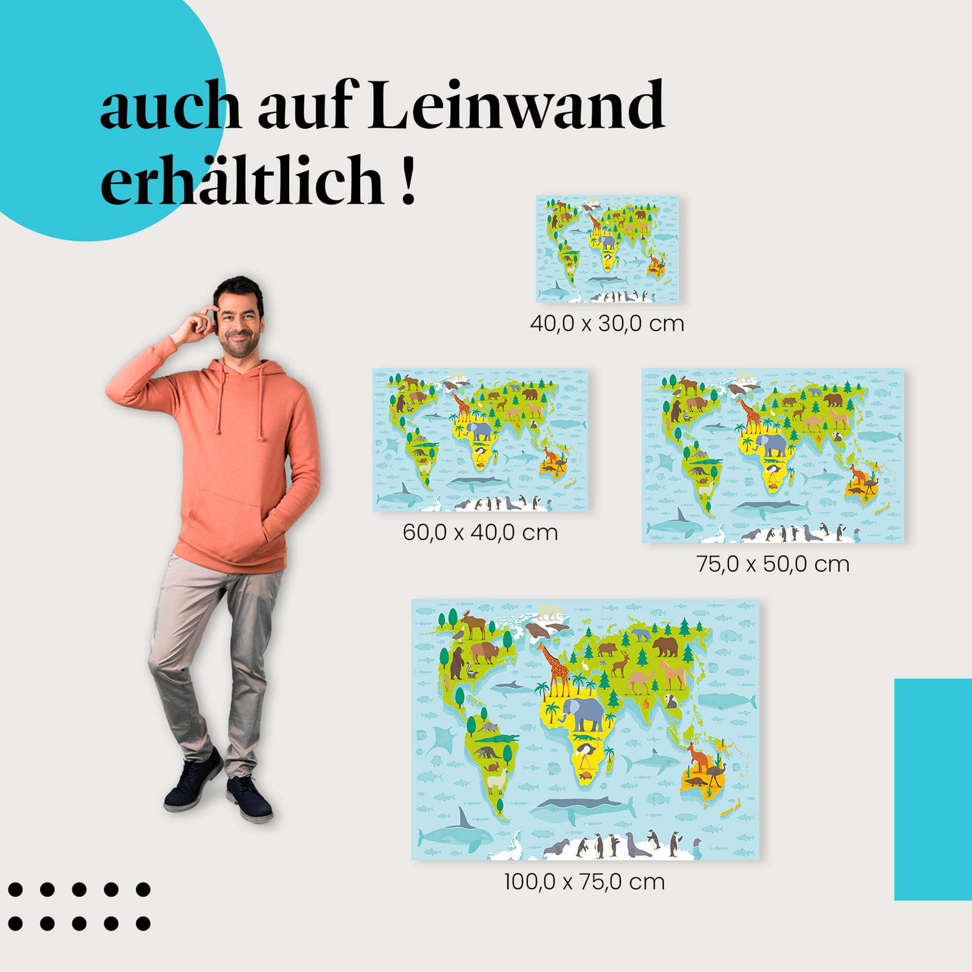 Postereck - 0860 - Weltkarte, Kinder Tiere Kontinente Lernen Schule - Kinder Kinderzimmer Kinderbild Wandposter Fotoposter Bilder Wandbild Wandbilder - Leinwand - 100,0 cm x 75,0 cm
