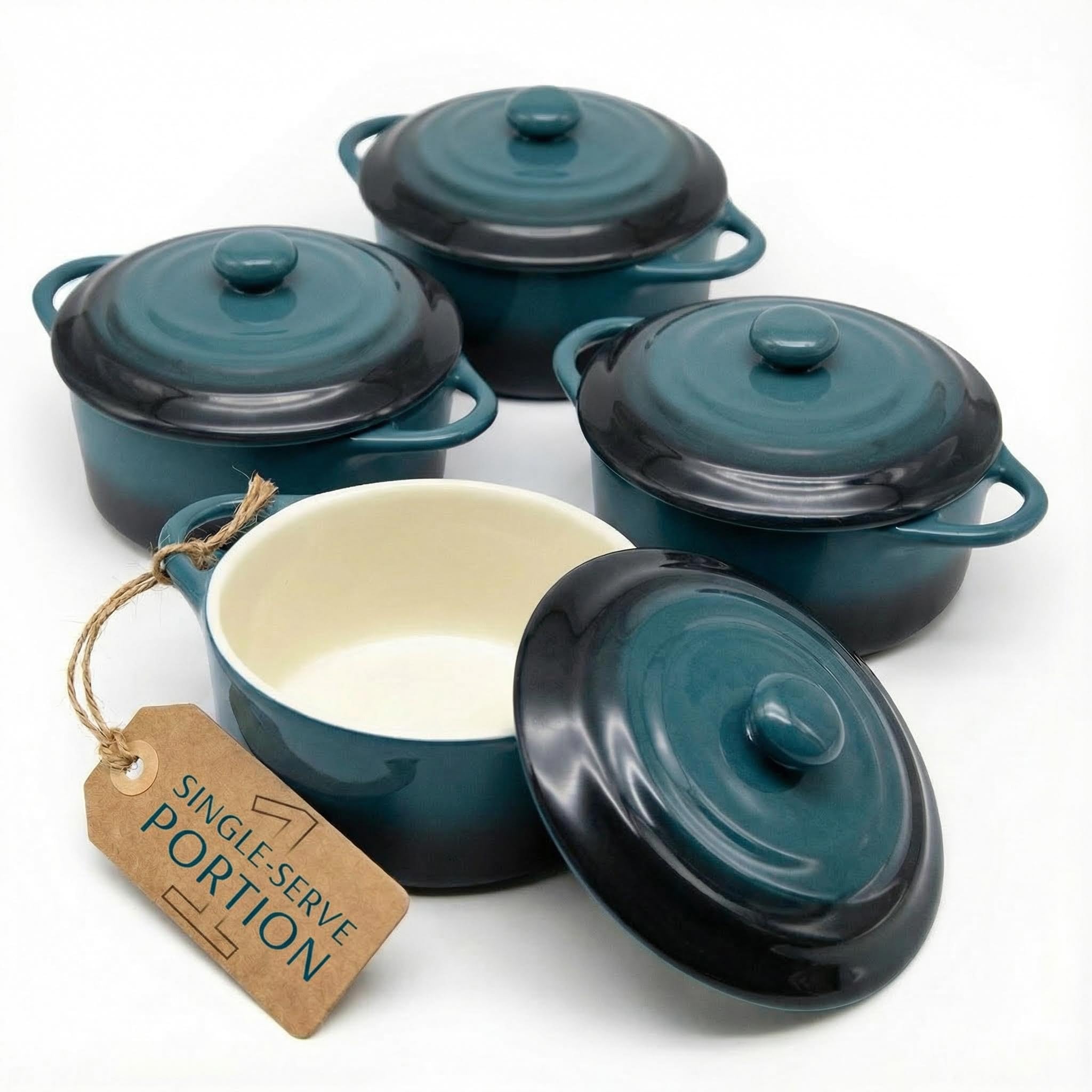 KooK Ceramic Mini Cocotte Set, , Small Casserole Dish with Lids and Handles, Individual Baking Ramekins, Oven, Microwave & Dishwasher Safe, Stoneware, 12 oz, Set of 4