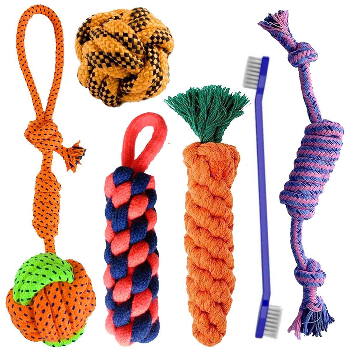 YouHaveDeal Dog Toys for Puppy Teething and Playing Fun Toys for Dog Cotton Ball Rope Toys, Gums Massage, Interactive Dog Toys, 6 in 1 Combo Pack with Toothbrush - Color May Vary (B0BJTPYNPX) Amazon Price History, Amazon Price Tracker