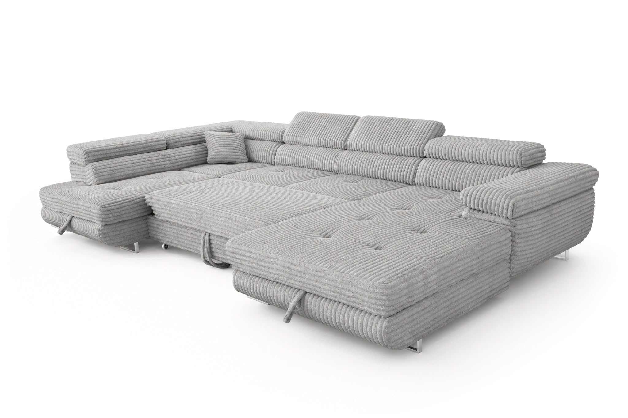 Cordo U XXL Wohnlandschaft mit Schlaffunktion und 2 Bettkästen - Breitcord Tilia - U-Form Sofa (Hellgrau, Linke Seite)