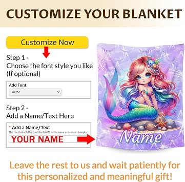 Personalised Mermaid Blanket for Girls – Custom Name Soft Fleece Throw, Kids Cosy Bed Blanket Gift for Birthday, Travel & Nap