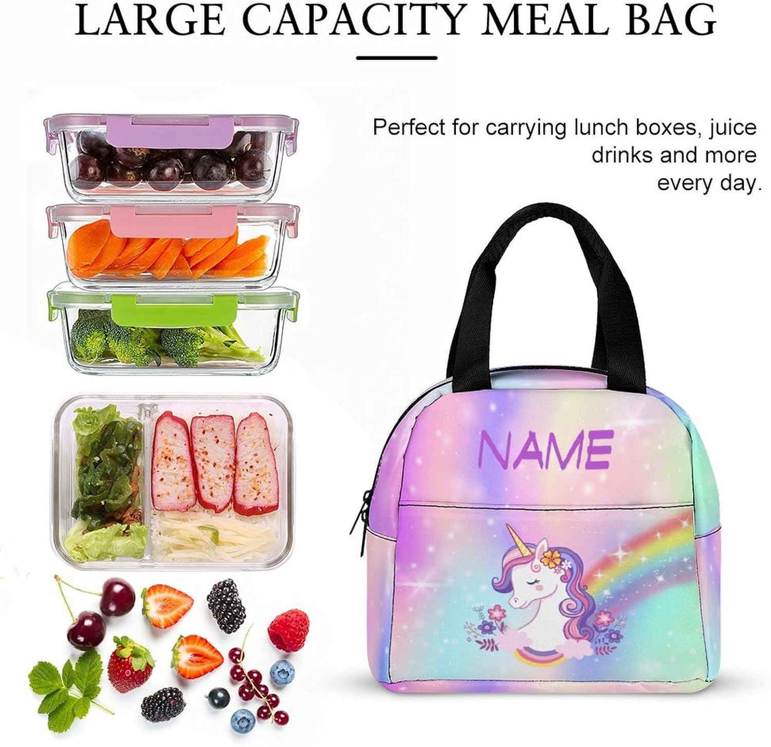 Custom Rainbow Galaxy Unicorn Backpack for Kids Girls Boys Add Name Personalized 3 in 1 Book Bags with Lunch Box Kids Water Bottle Customized School Bag Set