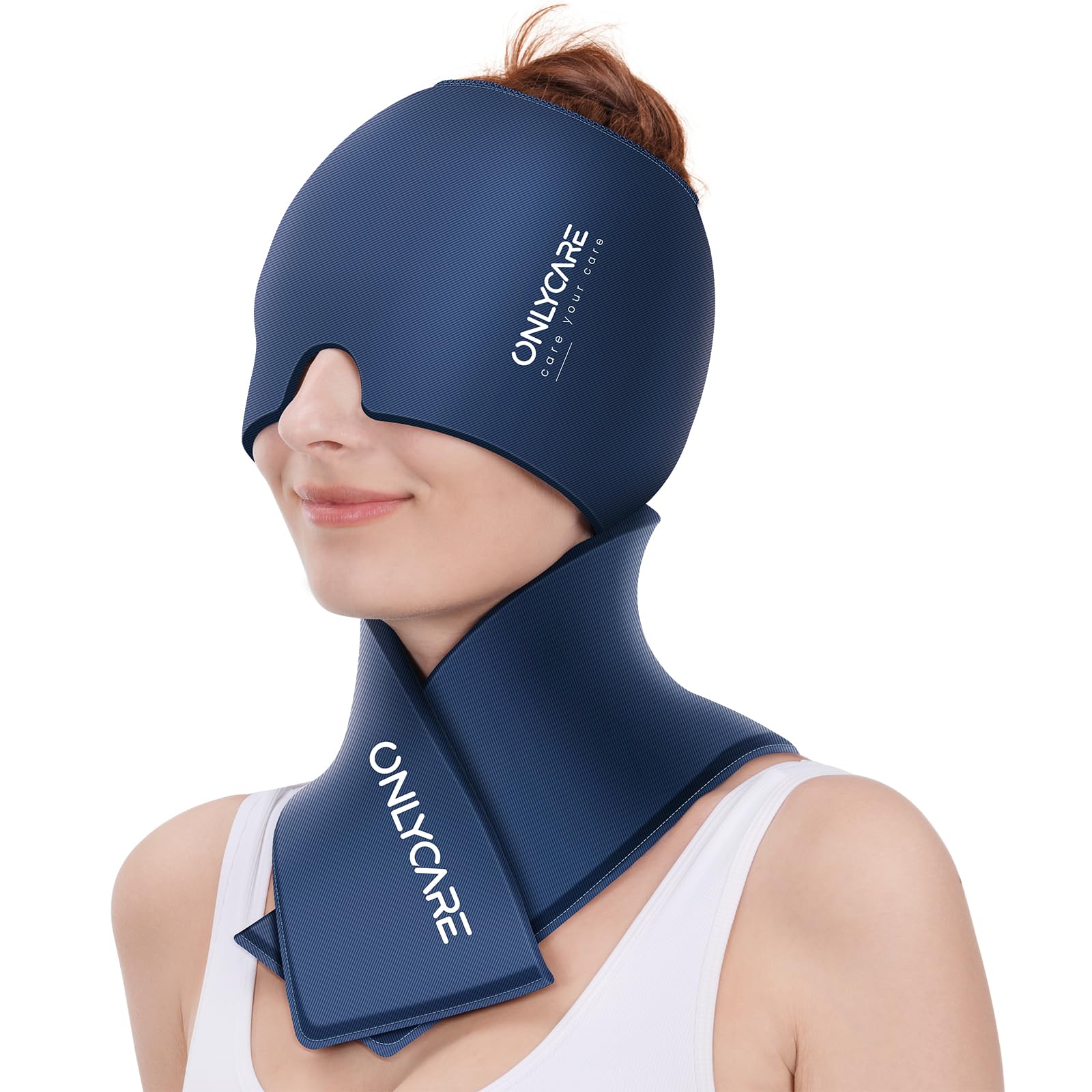ONLYCARE Juego de gorro de alivio de migraña y paquete de hielo para el cuello, tapa de alivio del dolor de cabeza mejorada y bolsa fría de hombro, compresa caliente y fría, alivio del dolor