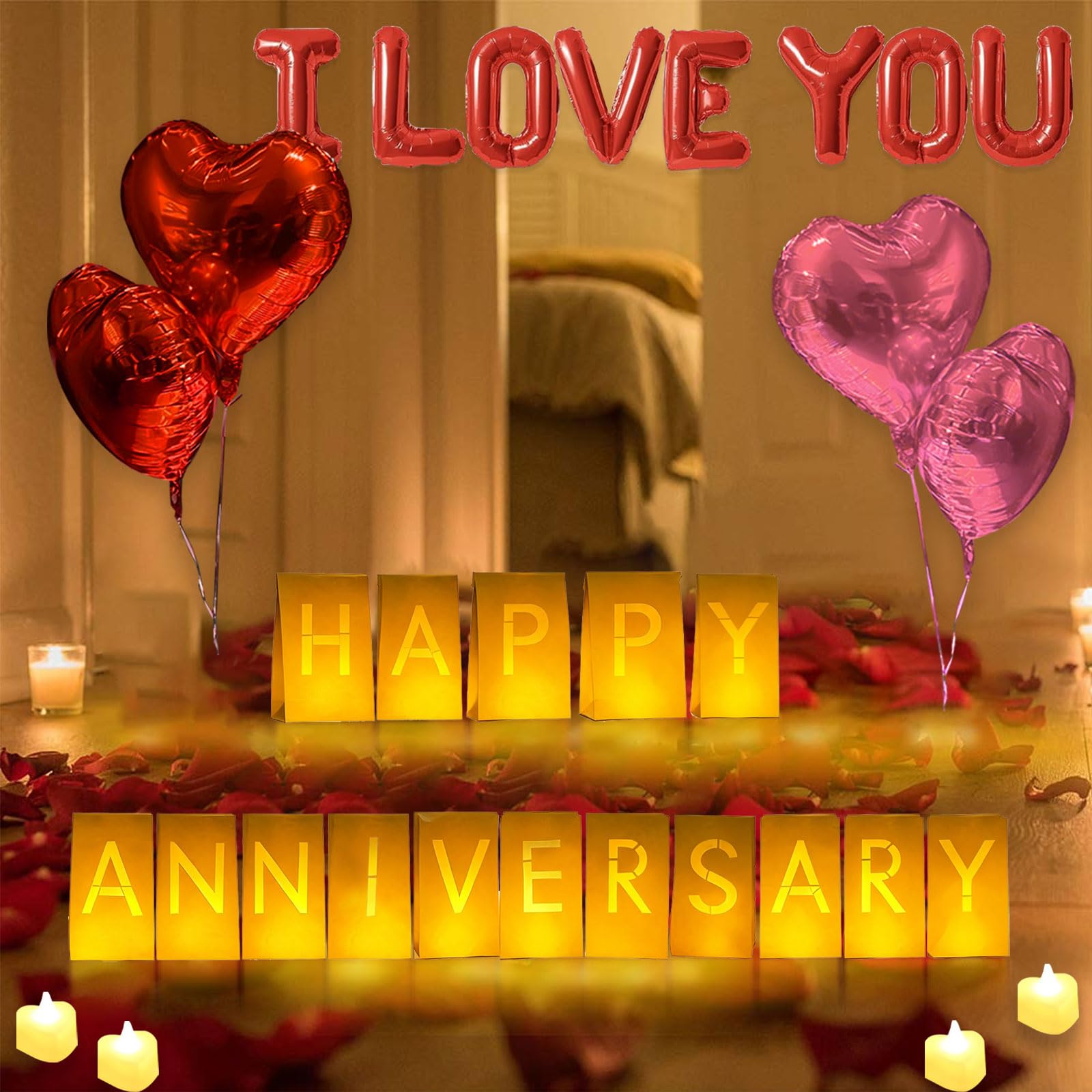 Happy Anniversary podświetlane litery znak 16 szt. oprawy papierowe torby 2000 szt. czerwone różowe płatki róży 48 szt. bezpłomieniowa świeca LED tealight 10 szt. balonów w kształcie serca romantyczna