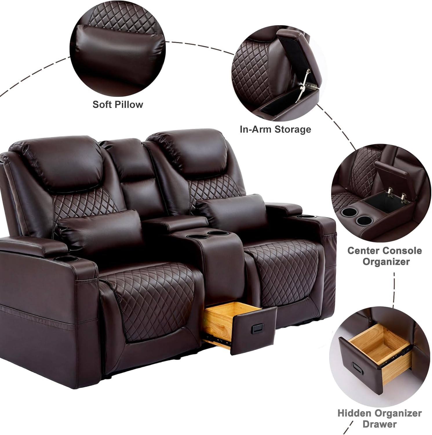 72.5" RV Loveseat Recliner, Double Recliner Loveseat Furniture with Central Console and 2 Pillows, Wall Hugger Recliners & 135° Reclining Theater Seating (Brown PU Leather Sofa)