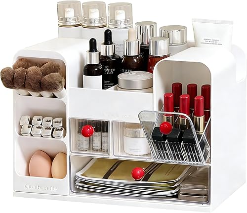 Makeup Organizer for Vanity with Brush Holder, Large Cosmetic & Skincare Organizer Countertop with Muti-Drawers, Cosmetic Display Case for Lipsticks, Nail Polishes, Perfumes, Eyeshadow (white)
