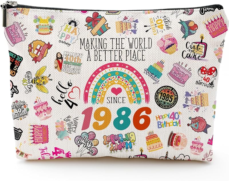 Necessaire de maquiagem NONETH 40th com estampa dupla face, fechamento em zíper e 24,64 cm x 17,27 cm x 2,54 cm