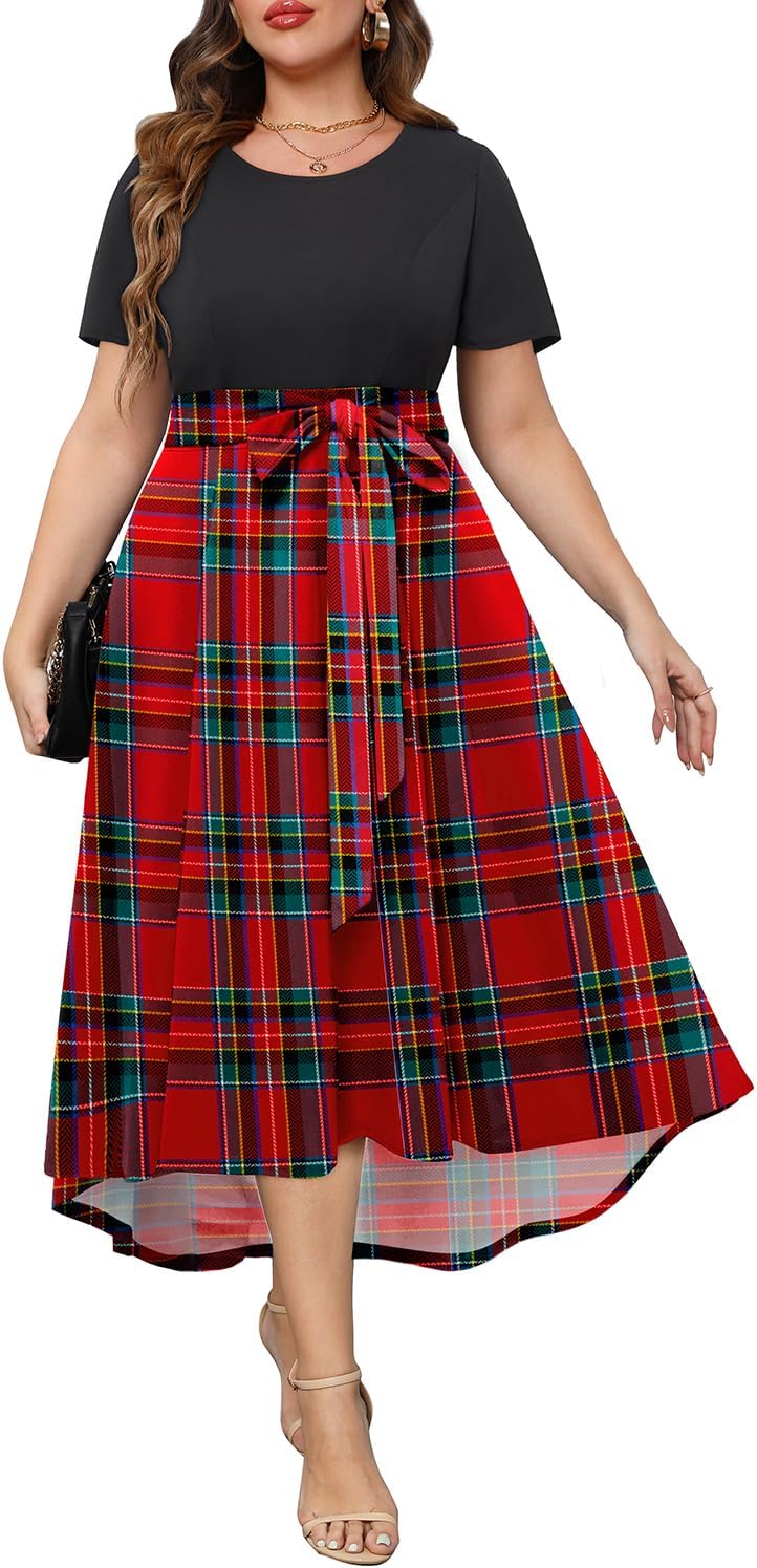 Holipick Women's Plus Size High Low Dress Wedding Guest Semi Formal Short Sleeves Long Cocktail Dresses with Pockets