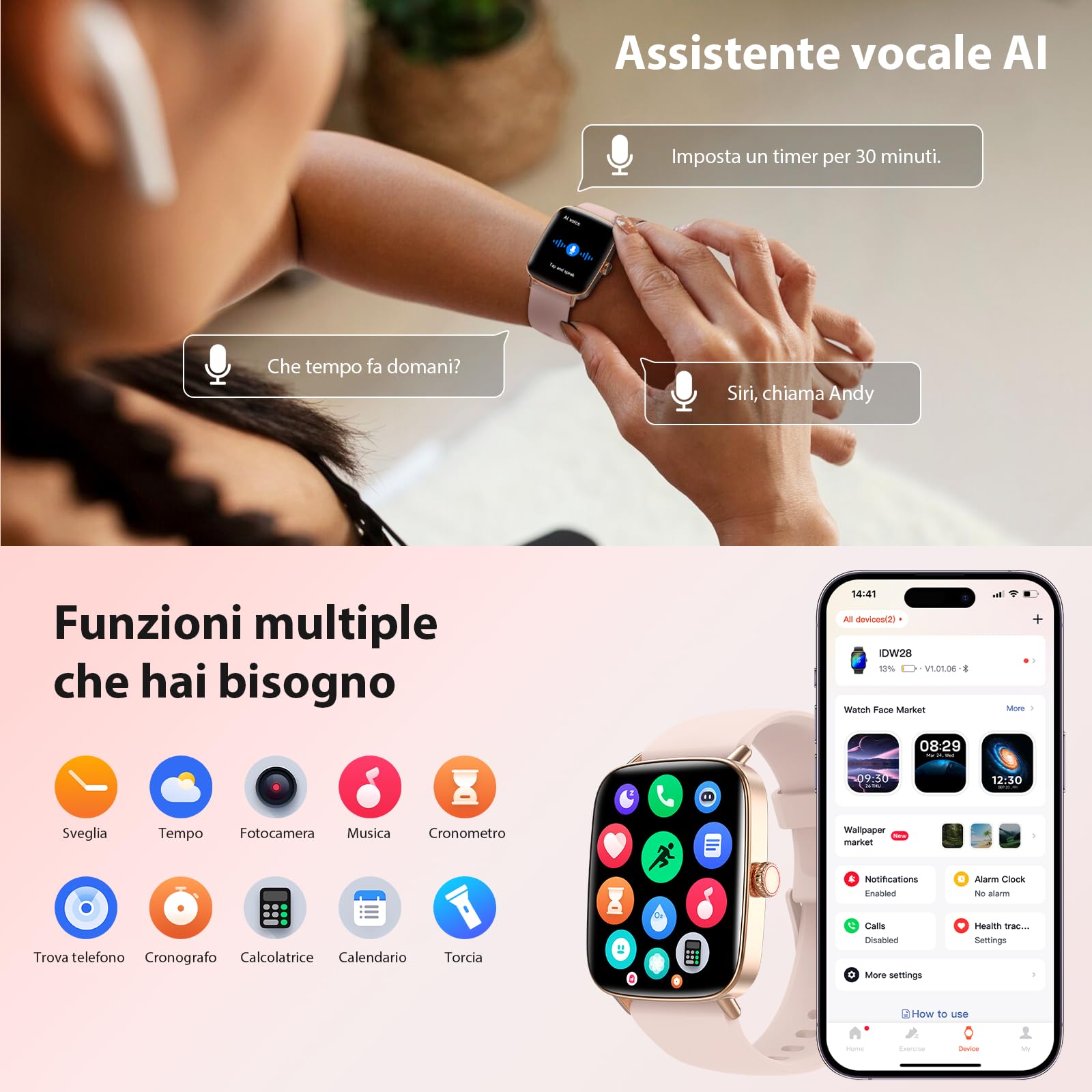 Smartwatch Donna, 1.85" Orologio Smartwatch con Chiamate e Notifiche WhatsApp, Fitness Tracker con Contapassi Sonno SpO2 Cardiofrequenzimetro, 110 Sportive, IP68 Smart Watch per Android iOS Rosa