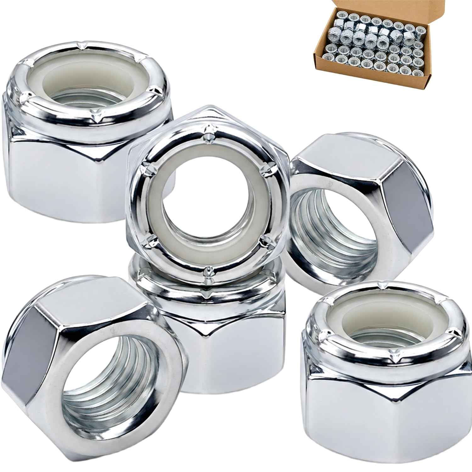3/8"-16 Inch Lock Nuts, Galvanizing Carbon Steel Nylon Insert Locknuts,Standard Inch Thread Nylock Nuts for Bolts 60 Pack