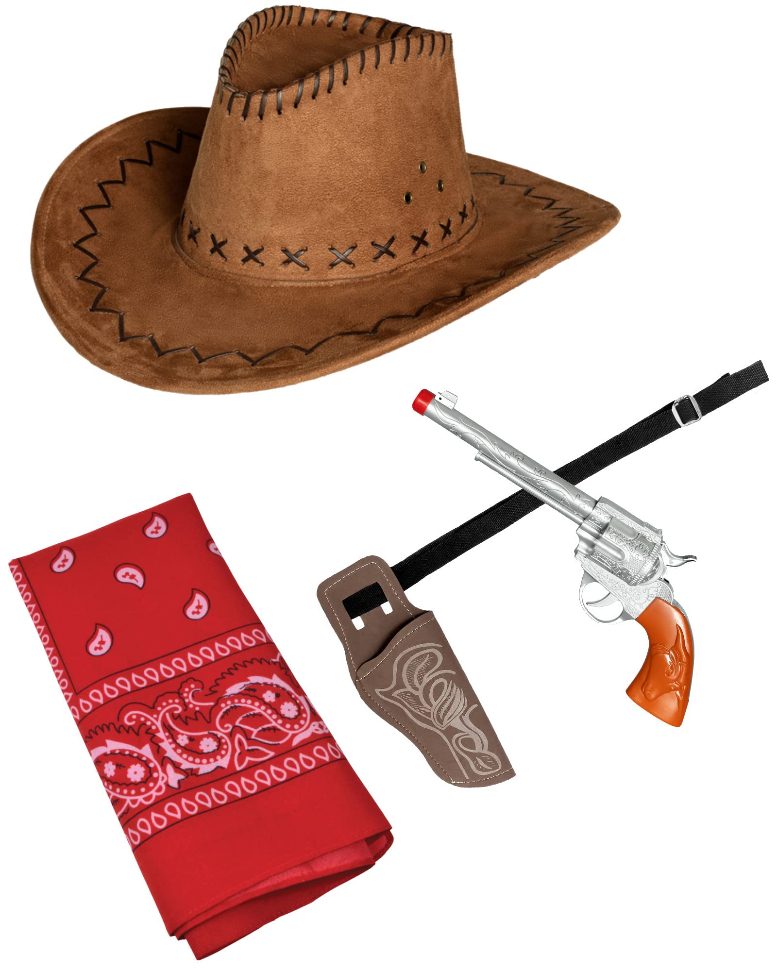 Nc87 Unisex Brown/Red Western Cowboy Cowgirl Cattleman Soft Hat, Gun With Holster And Scarf Casual/Party Costume Cowboy Stetson Wild West Fancy Dress,